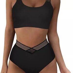 Suuksess Criss Cross Mesh Bikini Set Swimsuit Size XL Black High Waist Bottom